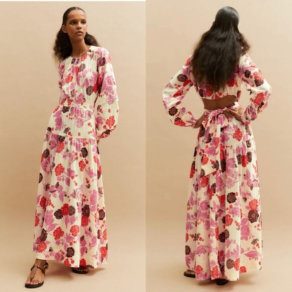 ME+EM Cheesecloth Bali Print Floral Red Pink Cut Out Maxi Long Dress Cotton 4 - Picture 1 of 14